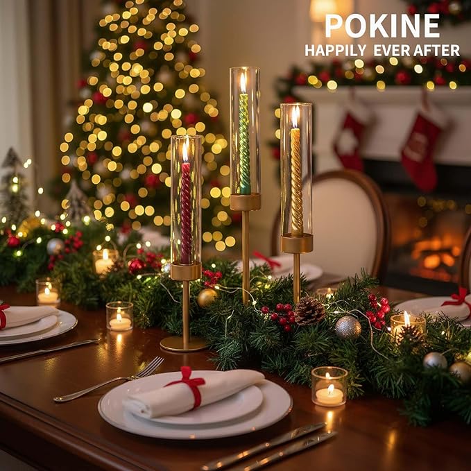 Tall Candle Holders Set of 3, Hurricane Glass Taper Candlestick Holders for Wedding, Christmas Decor, Dining Table, Party Centerpieces