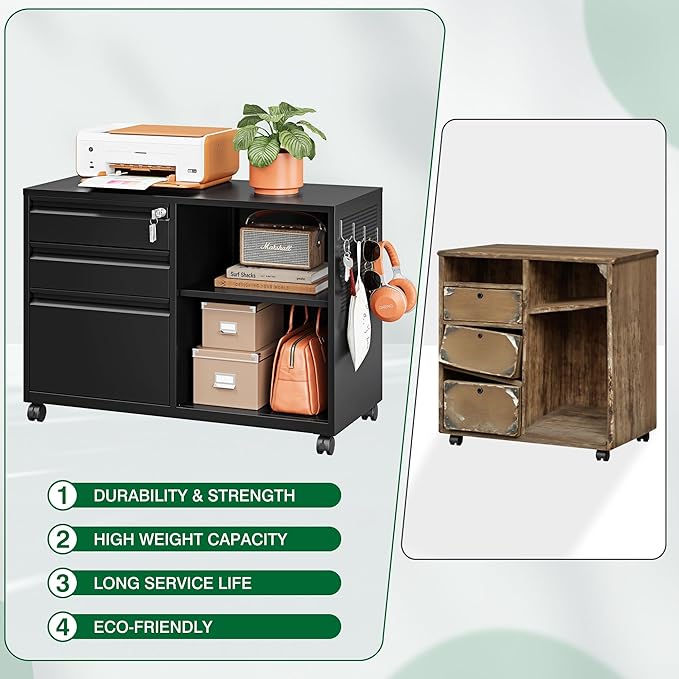 3 Drawer Metal File Cabinet with Lock,Mobile Lateral Filing Cabinet,Printer Stand Storage Cabinets with Shelves for Home Office(Black)