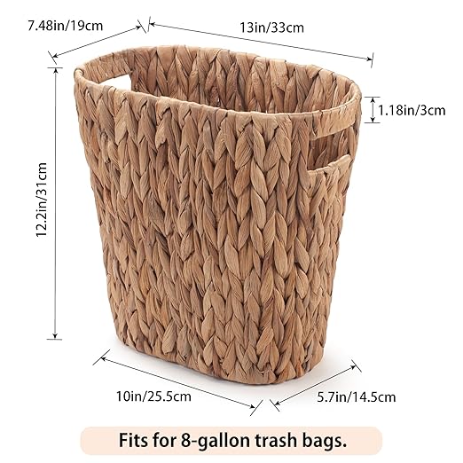 Bathroom Trash Can, Handwoven Wicker Trash Can with Handles for Bedroom, Living Roon, Kitchen, Bathroom and Office, Water Hyacinth Wicker Waste Basket, 1 Pack, 13"L x 7.5"W x 12.2"H, 3.2 Gallon