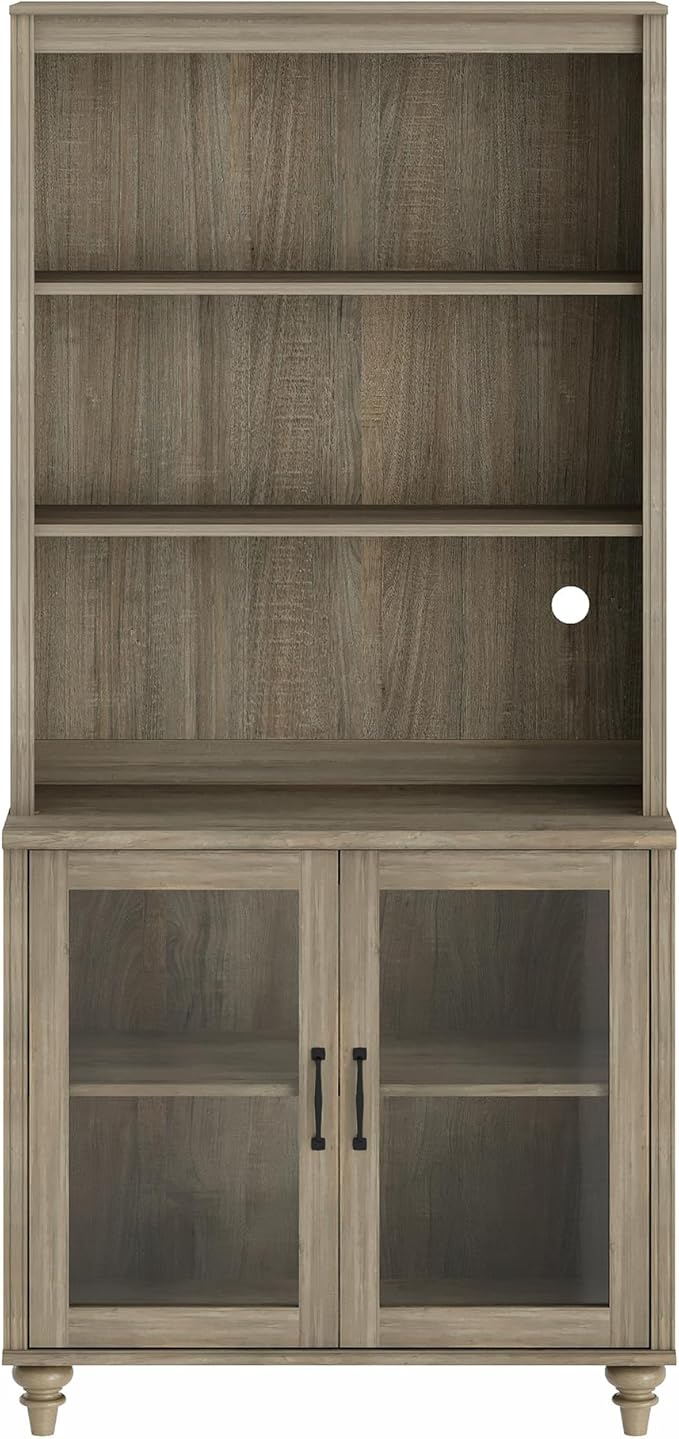 WAMPAT 5 Tier Farmhouse Bookshelf 72" Tall Bookcase with Glass Doors, Large Display Book Shelf with Adjustable Shelves and Storage Cabinet, Wood Bookshelves for Living Room & Study Room, Wash Grey