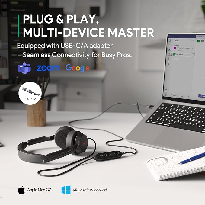 Yealink UH44 UC USB Headset - Noise Cancelling Mic, Comfort Ear Cushions, Stereo Sound for PC/Laptop with Inline Controls, USB-C/A & Busylight-Black