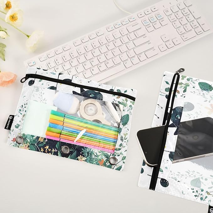 ZAZYXTJ Cat Binder Pencil Pouchs 3 Ring with Zipper Clear Window Office Organizers bag for School Students Teacher Supplies 2 Pack