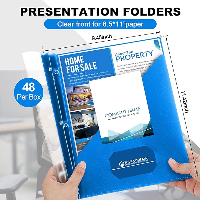 Teling 48 Pcs Clear Front Report Covers with 3 Prongs Fasteners, 11.42 x 9.45 Inch Plastic Book File Covers 90 Sheet Capacity, Presentation Folder with Blue Back Cover for Office Business