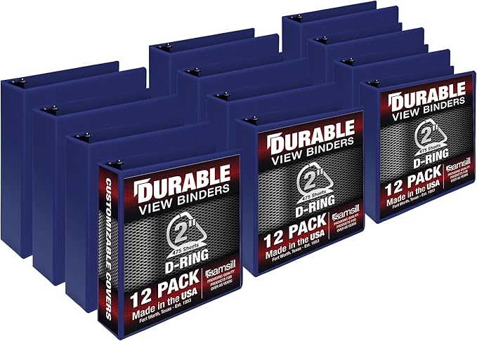 Samsill Durable 2 inch 3 Ring Binder, Made in USA, D Ring Binder, FSC 100% Recycled Chipboard, Blue, 12 Pack