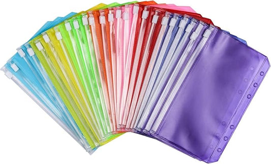 24Pcs A6 Binder Pockets 6 Holes Zipper Binder Pouch for Cash,ID Card,Credit Card, 8 Colors