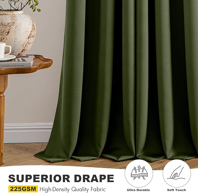 MIULEE Olive Green Blackout Curtains - Thermal Insulated Bedroom Curtains Room Darkening Drapes for Living Room Kitchen Grommet Top Light Blocking Window Treatment, 40 x 45 Inches Long, 2 Panels