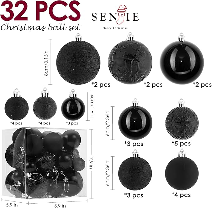 Christmas Ornaments for Xmas Trees,Black Shatterproof Christmas Ball Ornaments