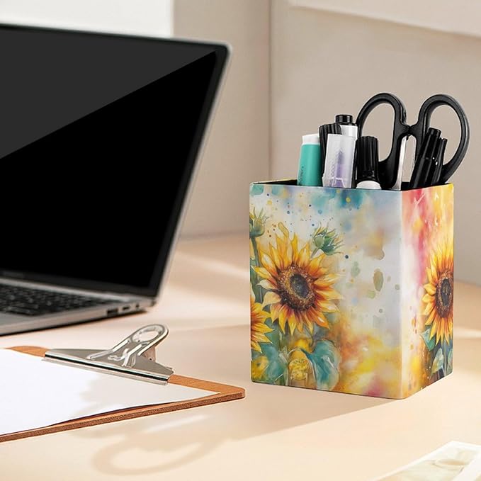 Square Pen Holder & Pencil Organizer for Desk - Office Storage Organizer, Markers/Makeup Brushes/Scissors Holder, Compact Desk Decor Accessories for Home Classroom School(Sunflower)