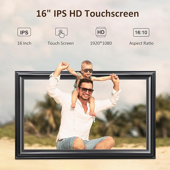 16 Inch Large Digital Picture Frame, Canupdog WiFi Digital Photo Frame with 1920 * 1080 IPS Touchscreen, 32GB Storage, Auto-Rotate, Wall Mountable, Easy Setup, Slideshow Photos and Videos