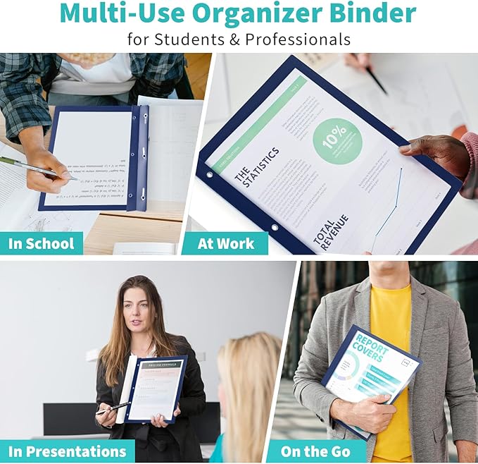 Binditek 10 Pack Heavy-Duty Clear Front Report Covers with 3 Prongs, 100-Sheet Capacity, Plastic Report Folder with Navy Back Covers, 3 Metal Prongs Fasteners, for Letter Size, Office Supplies