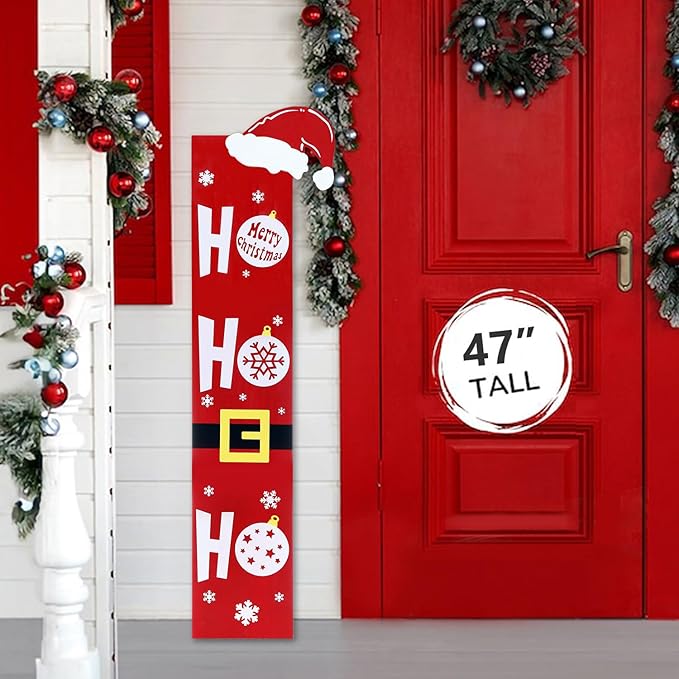 HOMCDALY Christmas Welcome Sign for Front Porch, Wooden Santa HO HO HO Sign for Front Door, Outdoor Welcome Sign, Farmhouse Christmas Decorations Porch Décor(47in)