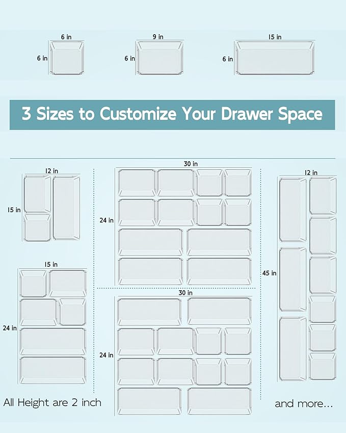 9 Pack Large Clear Plastic Drawer Organizer Trays, Desk Drawer Organizers and Storage Dividers, Non-Slip Storage Bins for Jewelry, Snacks, Office, Bathroom, Bedroom and Kitchen