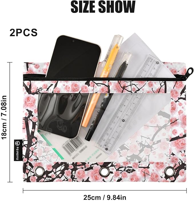 ALAZA Pencil Pouch for 3 Ring Binder, Flowers Cherry Blossom Binder Pencil Pouches with Clear Window Zipper Pencil Case Cosmetic Bags for Office College Supplies, 2PCS