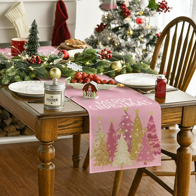Artoid Mode Xmas Trees Snowflakes Pink Merry Christmas Table Runner, Winter Seasonal Kitchen Dining Table Decoration for Home Party Decor 13x108 Inch