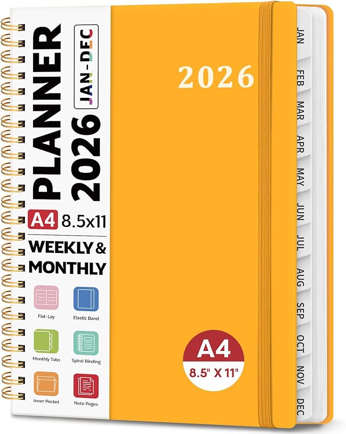 2026 Planner 8.5" x 11", Weekly and Monthly Calendar Planner Book, January 2026 - December 2026, Hardcover Spiral Planner with Monthly Tabs, Notes Pages, Perfect for Women & Men, A4 - Yellow
