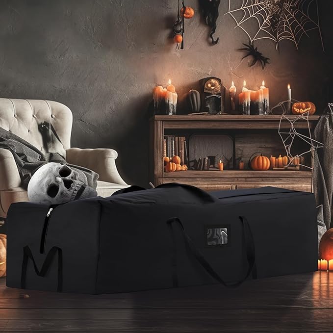 Halloween Storage Bag, Fits Up 12 Ft Skeleton-Heavy Duty Holiday Storage Box with Durable Reinforced Handles & Zipper & Pocket- 600D Oxford Christmas Tree Storage Container, Black