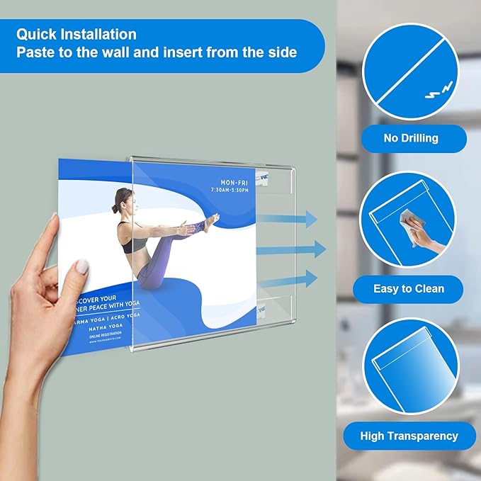10 Pcs Acrylic Sign Holder 11 x 8.5, Horizontal Wall Mount Sign Holders with Adhesive, Clear Plastic Frames Paper Display Sign Holders for Office, Home, Store, Restaurant - No Drilling