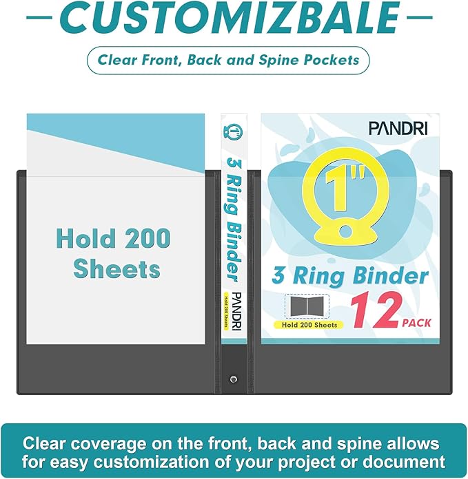 3 Ring Binder 1 Inch, PANDRI 12 Pack 1-Inch Binder Fits Letter Size 8.5'' x 11'' Paper, Versatile Binders for Office Home School, 2 Pockets, Black