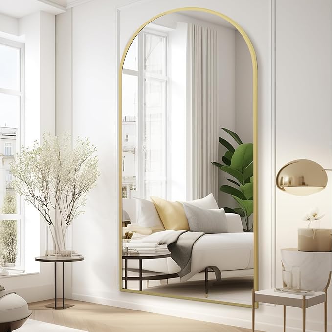 MELOMOIR 76"x34" Gold Mirror Full Length, Large Mirror Full Length for Bedroom Living Room Cloakroom Home Gym, Free Standing Leaning or Wall Mounted, Arched Top Thin Aluminum Frame, Tempered Glass