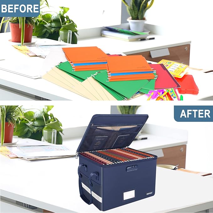 ENGPOW File Box with Lock, Fireproof Document Box with Pockets, Collapsible File Organizer Filing Storage Cabinet with Handle, Portable Home Office Safe for Hanging Letter/Legal Folders, Blue, 2 Pack