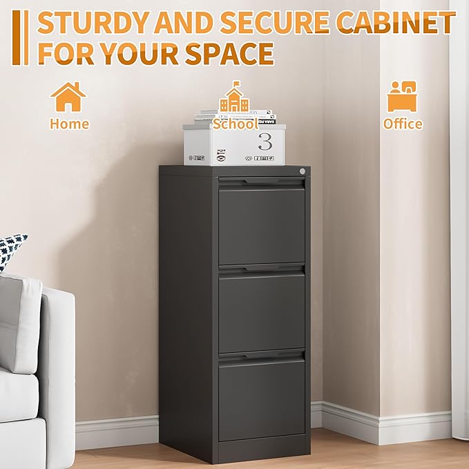 3-Drawer Metal File Cabinet with Lock,Steel Printer Stand with Storage for Home Office,Vertical Filing Cabinet for Legal/Letter/A4 Files,Assembly Required