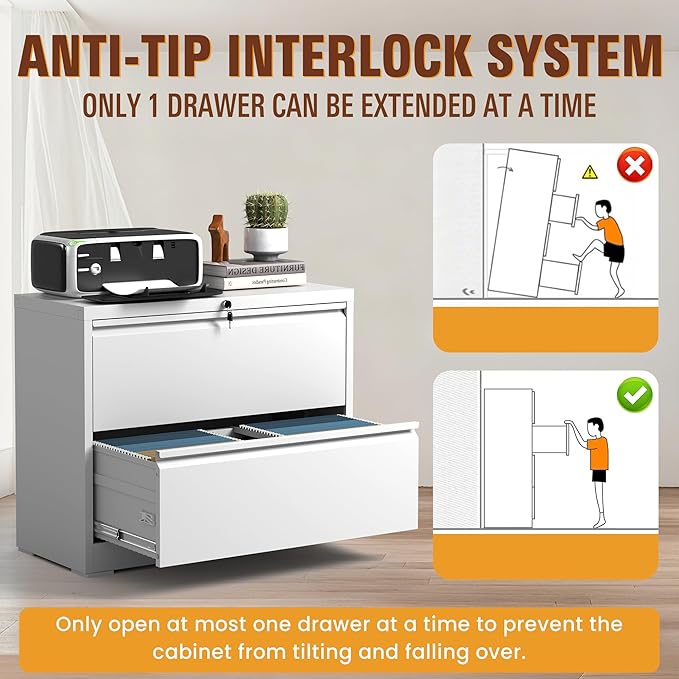 2-Drawer Lateral File Cabinet with Lock, Black Metal Filing Cabinet for Office or Home – Secure Storage for Letter/Legal/A4/F4 Documents, Easy to Assemble Locking File Organizer (White, 2 Drawer-28"H)