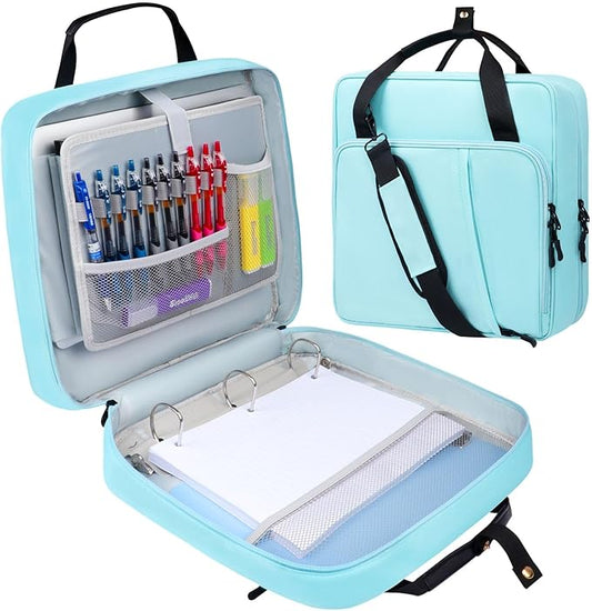 3 D-Ring Zipper Binder 2 inch with Shoulder Strap, Waterproof Oxford Binder with Zipper Storage 500 Sheets Capacity, Multi-Pockets Organizer Bag for 13 inch Laptop College Office (Blue)