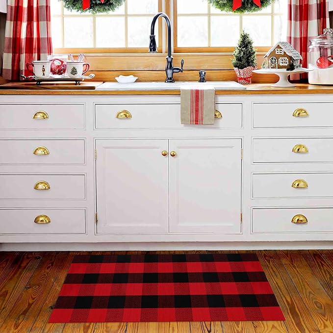 Christmas Plaid Outdoor Rug, 2' x 4'3'' Red & Black Check Indoor/Outdoor Area Rug, Layering Rug for Hello/Welcome Door Mat, Machine Washable Cotton Woven Rug for Farmhouse Front Porch, Entryway