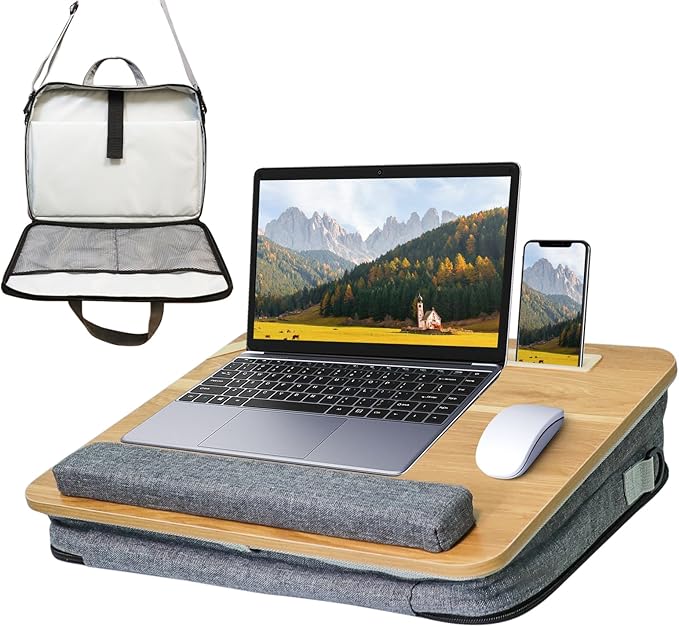 Lap Desk for Laptop Stand with Cushion, Adults with Storage Fits Up to 15.6in, Combines Features Bag and Pillow Table by Travel, Portable Workstation for Home College Office(Light Brown)
