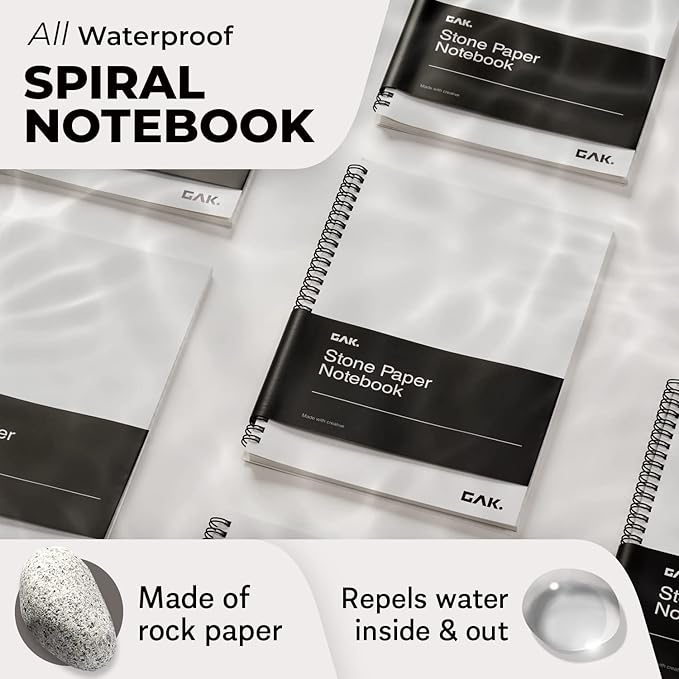 GAK. Stone Paper Waterproof Sheet Spiral Notebook (M Size) – 5.8”x8.3”, 50 sheets, Stone Paper Notebook Journal Note Taking Waterproof Notepad College Ruled Paper Black Notebook Aesthetic School