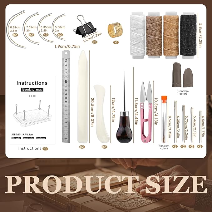 JUPEAN 34 Pcs Book Binding Kits, Book Press(11.81”x7.56”), Books Making Kit with Bone Folder Bookbinding Needles Waxed Threads Books Binding Awl, Bookbinding Tools for Beginners