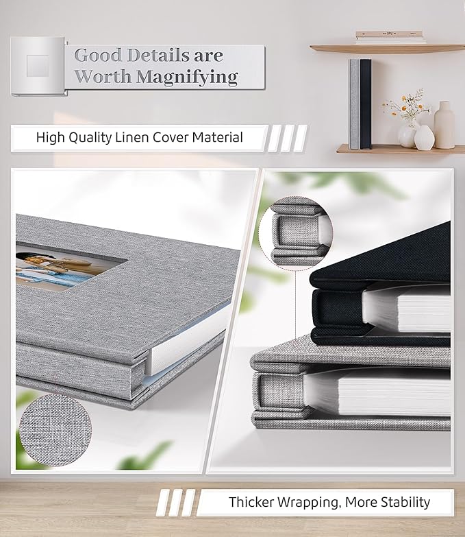 Photo Album Self Adhesive Scrapbook Album for 3x5 4x6 5x7 8x10 Pictures,120 Pages Linen Cover with Display Window DIY Photo Book,Ideal Gifts for Family Travel Wedding Baby