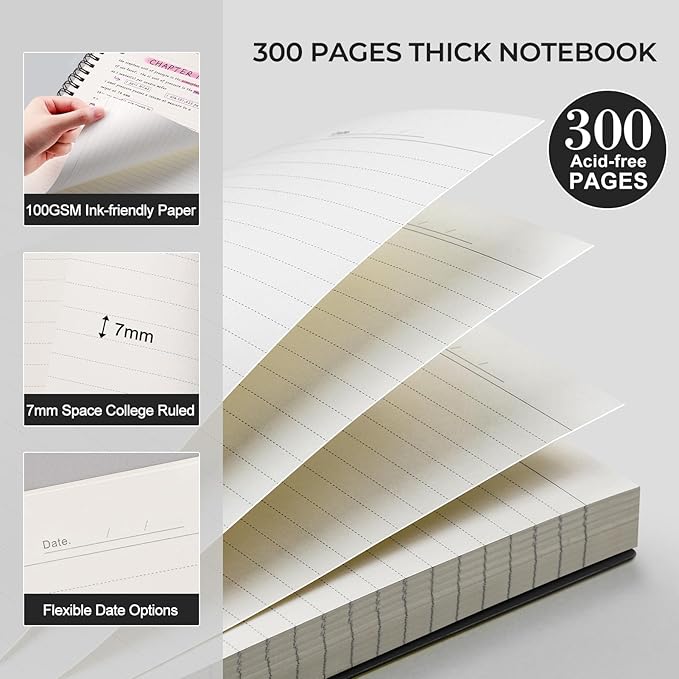 AHGXG Spiral Notebook College Ruled - Spiral Journal Perforated Notebook A4 8.5" x 11", 300 Pages Easy Tear Perforated Pages, 100GSM Thick Paper, Plastic Hardcover, for Writing Work School, Black