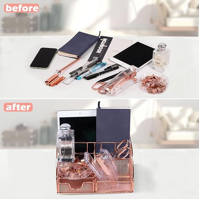 Office Desk Organizers, Rose Gold 13PCS Office Supplies and Accessories Desk organizer, Acrylic Stapler, Staple Remover, Clips, Scissor, Phone Holder, Pen, Pen Holder (Rose Gold)
