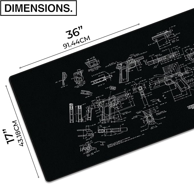 MPCO. Blueprints Large Gaming Desk Pad - 36" x 17" Aeroglyde Fabric Browning 1911 – Black Desk Mats - Non-Slip, Washable, Smooth Glide for Precision Gaming & Work