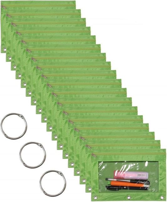 18-Packs 3 Ring Pencil Pouch with Clear Window School Classroom Binder Pocket Case Office Stationery Bag Green