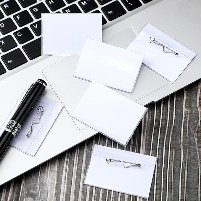 Eaasty 200 Pcs Name Tags with Pins ID Clear Plastic Badge Holder Pin Style Name Badge Holders with Inserts ID Card Plastic Badge Sleeve, 2.44 x 3.58 Inch(Silver Clip)