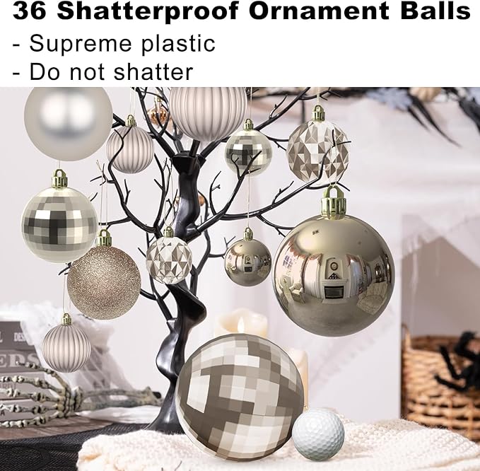 Champagne Gold Christmas Ornaments - Christmas Tree Decorations Shatterproof Hanging Balls for Birthday Wedding Holiday Decor Set of 36pcs, Multi-Sizes(1.6",2.5",3.2")