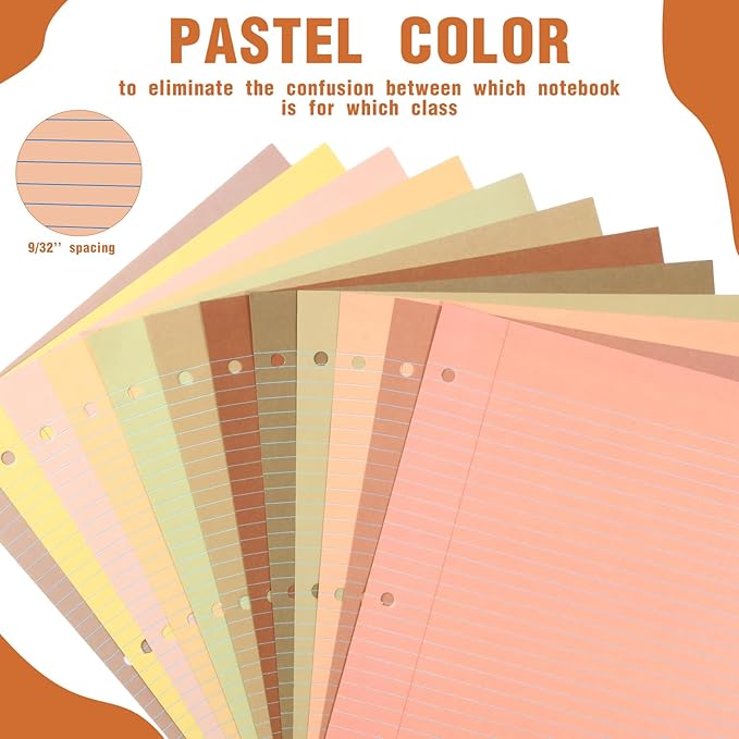 PerKoop 600 Sheets Colored Loose Leaf Paper 8.5" x 11" college ruled Lined 3 Hole Punched notebook Filler Paper for 3 Ring Binders Office School Supplies (Cute Color)