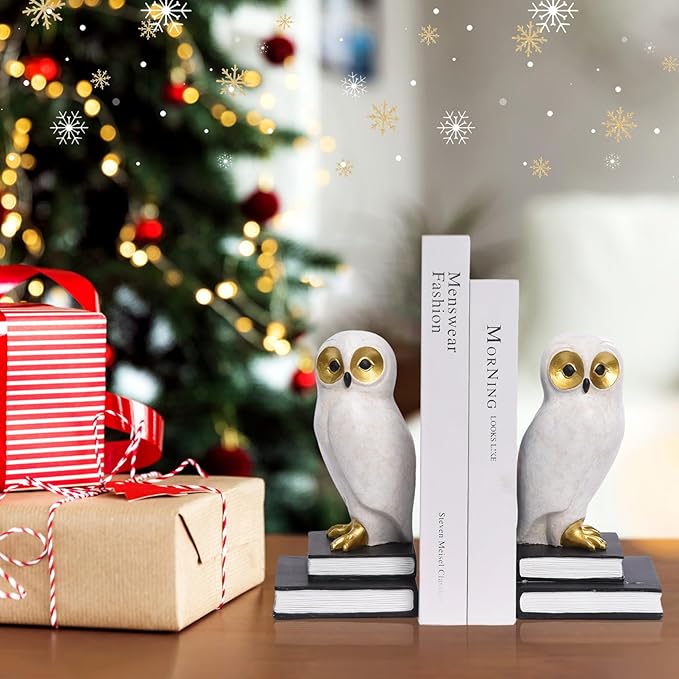 Book Ends for Shelves, Owl Decorative Bookends Bronze Bird Book Stopper Unique Kids Book Holders with Anti-Slip Base Luxurious Bookends for Kids Rooms Office Home Decor(White)