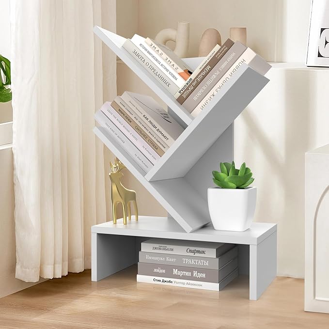 Godferyxin Tree Bookshelf with Drawer,Small Bookcase,Mini Book Shelf for Displaying Organizer CDs, Magazines and More at School,Office,Desk Book Shelf with for Decor,Bedrooms,Living Rooms