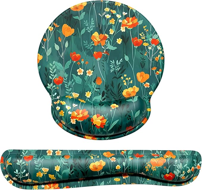 Dapesuom Keyboard Wrist Rest and Mouse Pad with Wrist Support, Cute Memory Foam Cushion for Keyboard and Mouse Set, Desktop Pad Rests with Non Slip Base for Easy Typing & Pain Relief, Forest Flowers