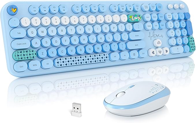 MOFII Wireless Keyboard and Mouse Combo, Cute Full Size Retro Typewriter Keyboard and Wireless Mouse, 2.4GHz Set for PC/Desktop/Laptop/Windows (Blue Colorful)