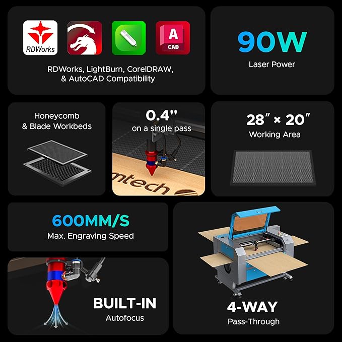 OMTech 90W CO2 Laser Engraver, 28"x20" Cutting & Engraving Machine with Autofocus, Air Assist, 4-Way Pass, Autolift, RDWorks, for Wood, Glass, Acrylic, Leather, Cardboard