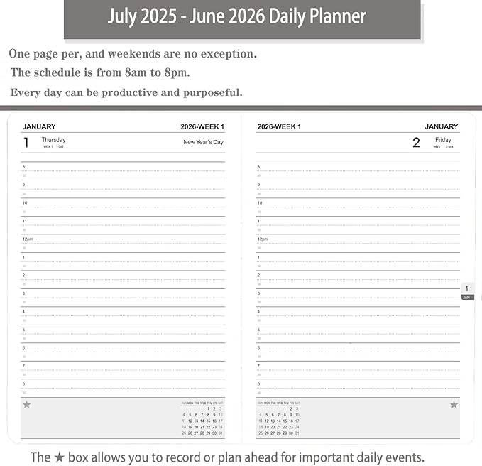 Daily Planner 2025-2026, One Page Per Day, Academic Calendar (July 2025 - June 2026), Appointment Book with Time Slots and Monthly Tabs, 5.7" x 8.25", Pocket, Leather Cove (Black)
