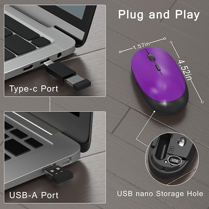 Colorful Wireless Computer Keyboard and Mouse Combo with Round Typewriter Keycaps, Retro Design, Power Switch, Ergonomic Design, 2.4GHz Wireless for Windows, Mac, PC(Black-Purple)