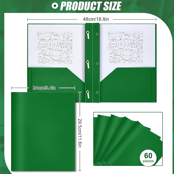 Yeaqee 60 Pcs Plastic Folders with Pockets and Prong Plastic Folders with 2 Pockets Pocket for Office, School for Students, Teachers, Office Workers (Dark Green)