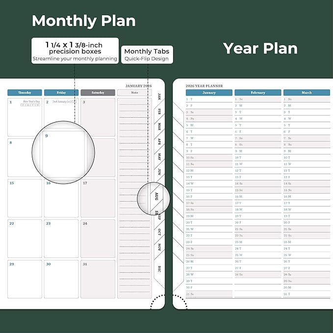Weekly Monthly 2026 Planner (Jan.26-Dec.26),8.5"x6.5",12 Months Agenda Plan with Month Tabs & Pocket,Expenses/Note Pages, Appointment Book Calendar with Hardcover Vegan Leather Cover,Green