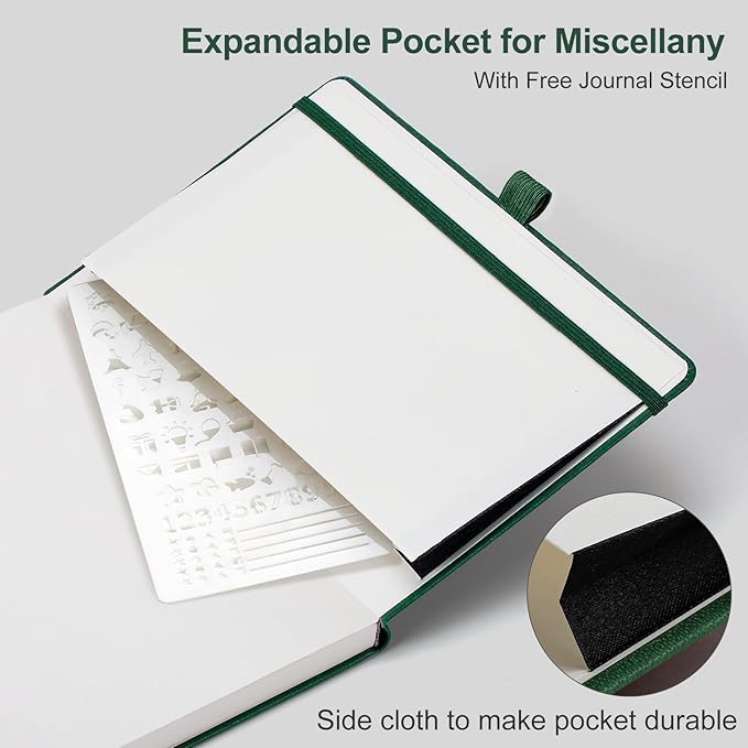 AHGXG Bullet Dotted Journal - 150 GSM Dot Grid Notebook Journal, Thick Acid-Free Paper, A5 Dotted Notebook 128 Pages, Leather Hardcover, Inner Pocket, Journal Stencil, 5.7'' × 8.3'' - Green