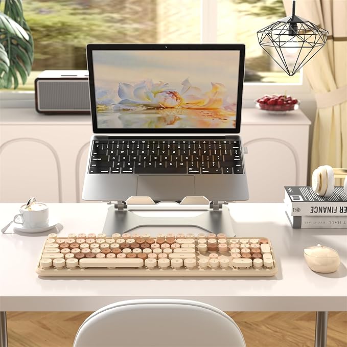 Colorful Wireless Computer Keyboard and Mouse Combo with Round Typewriter Keycaps, Retro Design, Power Switch, Ergonomic Design, 2.4GHz Wireless for Windows, Mac, PC(Milk-Tea Colorful)